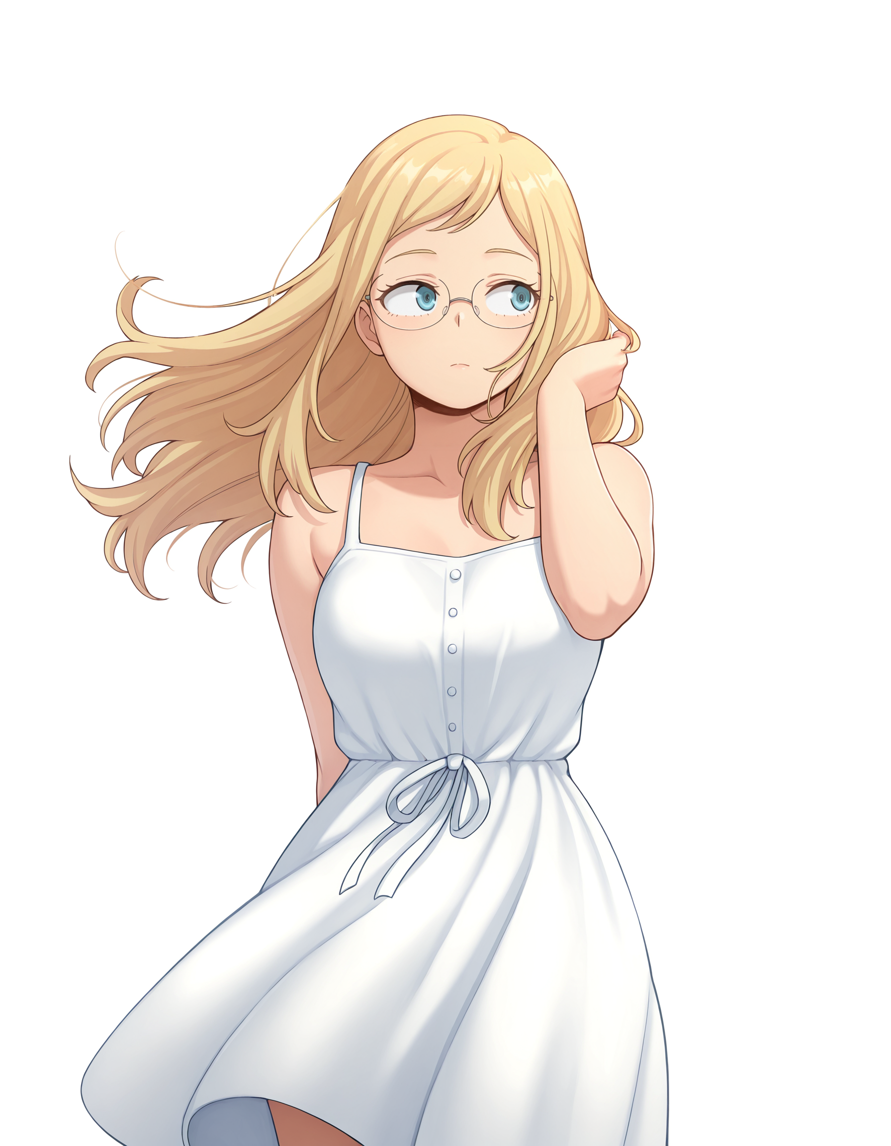 <lora:Melissa Illu:1>
1girl, solo,
mel1ssa, blonde hair, long hair, blue eyes, glasses, 
sundress, straight-on, floating hair, wind, looking to the side, one hand in hair, one arm behind back, 
simple background, white background,, masterpiece, best quality, amazing quality