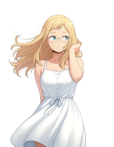 <lora:Melissa Illu:1>
1girl, solo,
mel1ssa, blonde hair, long hair, blue eyes, glasses,
sundress, straight-on, floating hair, wind, looking to the side, one hand in hair, one arm behind back,
simple background, white background,, masterpiece, best quality, amazing quality