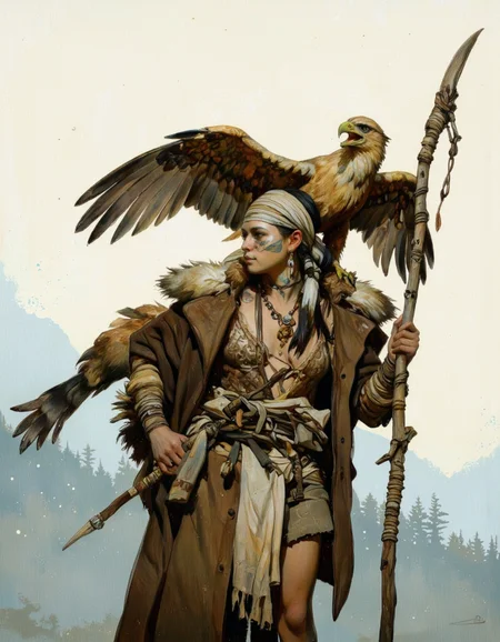 A digitally illustrated drawing in comic book style.
A young woman with a fierce, determined expression, set against a misty, ethereal background. She is dressed in a rugged, tattered outfit consisting of a brown, fur-lined cloak with patches of fur visible. Her attire is adorned with various animal skins and fur, giving it a primitive, survivalist appearance. She wears a headband with feathers, and her hair is tied back with a similar feather. Her skin is marked with tribal tattoos, and her face is painted with war paint, adding to her warrior-like demeanor.
In her right hand, she holds a long, wooden staff wrapped in twine and adorned with small, decorative objects. Perched on her left shoulder is a large, golden-brown eagle with outstretched wings, its beak open in a fierce cry. The eagle's feathers are detailed, showing a gradient from light to dark brown, with a prominent yellow beak and talons.
The background is a misty, foggy landscape with a pale, overcast sky, suggesting a cold, remote environment. The image exudes a sense of adventure and resilience, capturing the essence of a skilled hunter or warrior. The overall style is realistic with a touch of fantasy, emphasizing the character's strength. <lora:Comic_book_opus_IV:0.25>