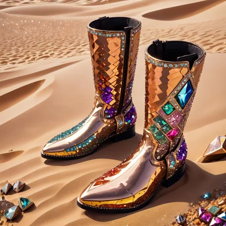 plate boots made out of copper covered with multi colored diamonds, nighttime dunes of golden sand in the background, intricate, sharp details, facing sideways