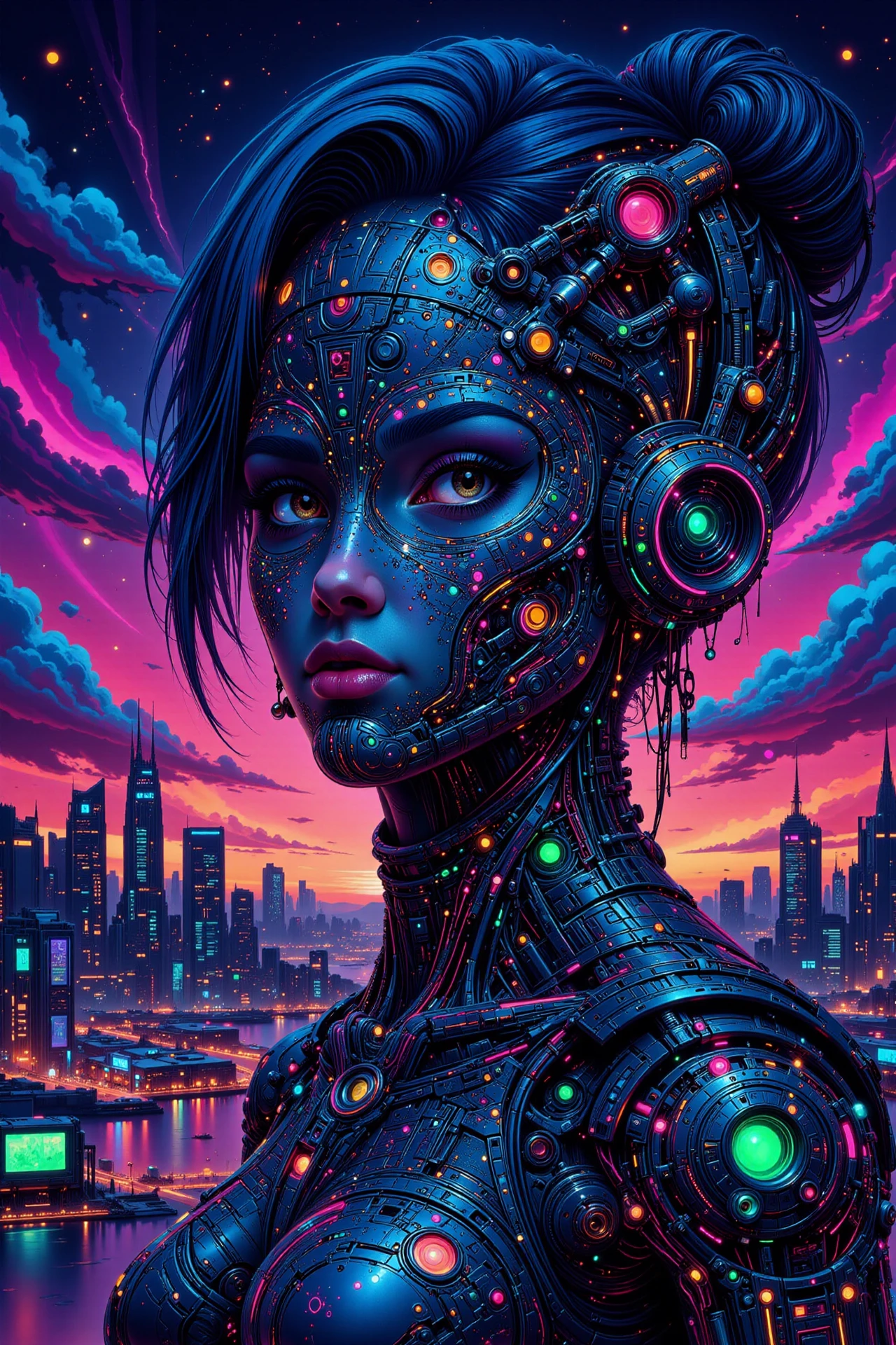 a cyborg beautiful  landscape, bright luminous starry night, woman, very intricate, very detailed, sharp, bright, colorful, <lora:Hand v2:0.5> <lora:Anti-Blur:1><lora:Insane Detail Slider:0.25>  <lora:flux.1_lora_flyway_Epic-detail_v2:0.3> <lora:fluxenhancer:0.25> <lora:ck-Neon-Retrowave:0.4> ck-rw, in the style of ck-rw, <lora:Neurocore Anime Cyberpunk v2.0:0.8> <lora:neon-cyberpunk-alla-prima:0.6> mad-llprm