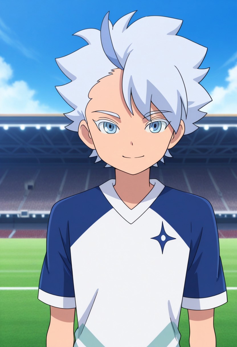 masterpiece,best quality,amazing quality, source_anime,
FroyGirikanan, 
1boy, male focus, solo, blue eyes, multicolored hair, grey hair, blue hair, supaku soccer uniform, shirt, raglan sleeves, short sleeves, multicolored shirt, blue and white shirt, smile, upper body,
outdoor, stadium, grass,