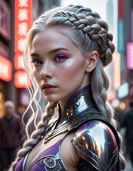 portrait,masterpiece,4k,ray tracing,intricate details,highly-detailed,hyper-realistic,8k RAW Editorial Photo. a woman with a weird hair and piercings on her face and neck in a city street with neon signs,<lora:Mitsu-Cyberpunk:1>,Ai-Mitsu (artist, ai-mitsu),cyberpunk,city, . , cinematic light,dramatic light,shallow depth of field,high budget,bokeh,cinemascope,film grain,, (Hair, Long, silver-blonde hair (often described as pale as moonlight), a hallmark of her Targaryen lineage. In the books, her hair is worn in intricate braids, symbolizing victories and tradition:1), (Eyes, Large, violet eyes, often noted for their intensity and otherworldly quality, typical of the Valyrian race:1), (Skin, Pale, creamy complexion with a smooth, almost luminous quality that enhances her striking beauty:1), (Build, Slim and petite, yet strong and resilient, reflecting her gradual transformation from a timid girl into a determined leader:1), short in stature,