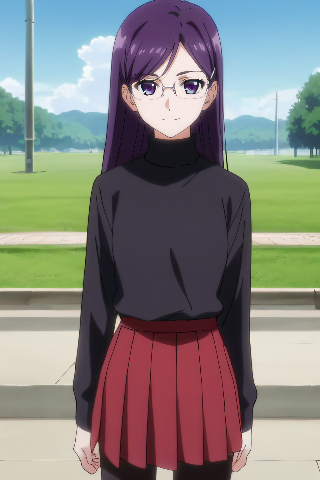score_9, score_8_up, score_7_up, source_anime, rating_safe, intricate details, anime screencap, official style, 1girl, <lora:Claes:1>, claes, purple hair, purple eyes, long hair, glasses, black sweater, turtleneck, red skirt, pleated skirt, black pantyhose, cowboy shot, looking at viewer, outdoor, smile, expressionless
