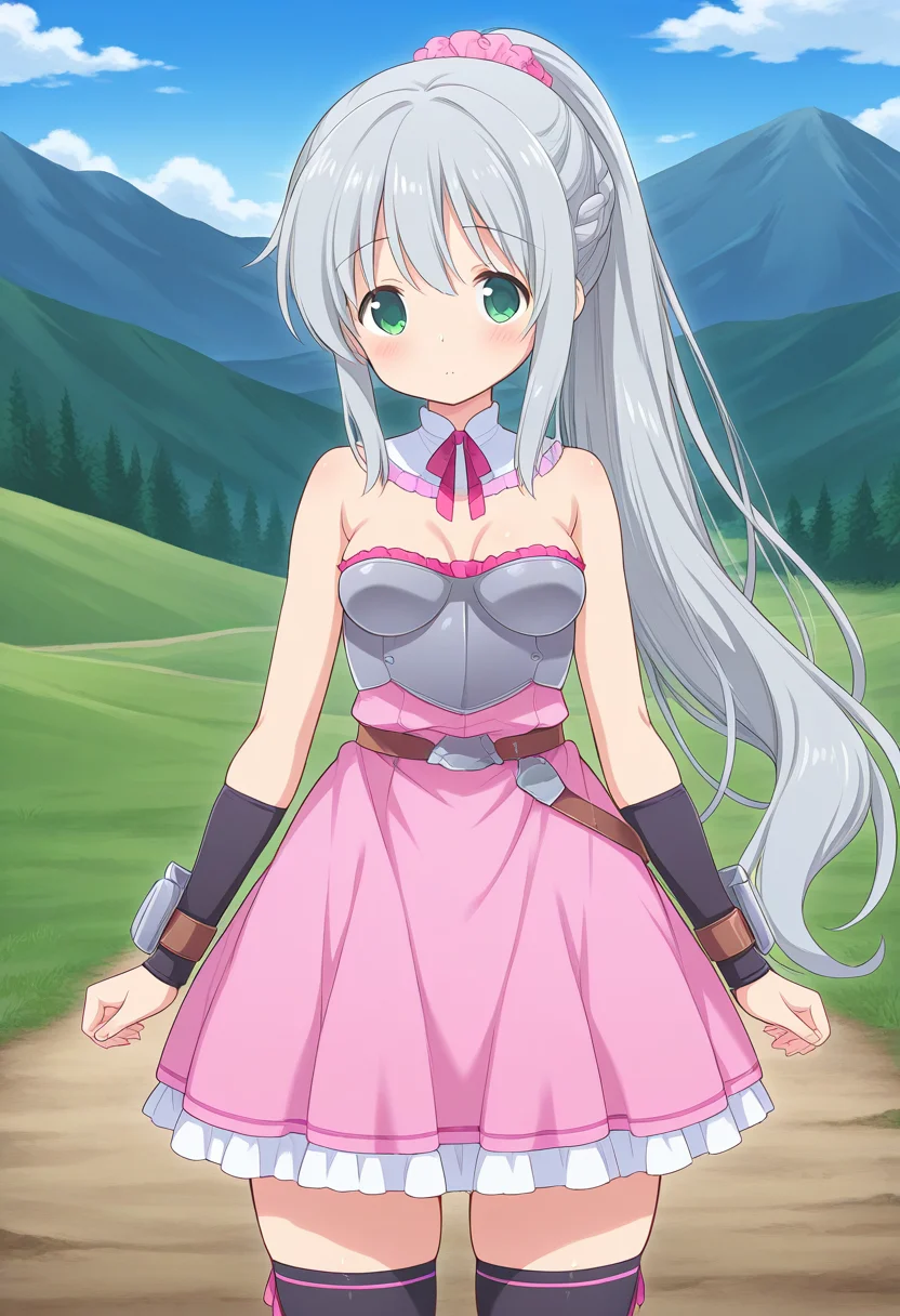 1girl, solo, lalaciellalanciel, grey hair, very long hair, braid, ponytail, hair scrunchie, green eyes, detached collar, strapless dress, medium breasts, armor, arm_guards, bracers, breastplate, black thighhighs, standing, cowboy shot, outdoors, mountains, looking at viewer,