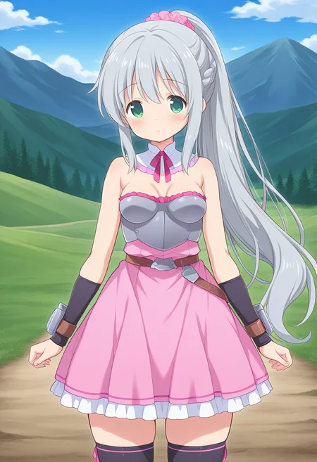1girl, solo, lalaciellalanciel, grey hair, very long hair, braid, ponytail, hair scrunchie, green eyes, detached collar, strapless dress, medium breasts, armor, arm_guards, bracers, breastplate, black thighhighs, standing, cowboy shot, outdoors, mountains, looking at viewer,