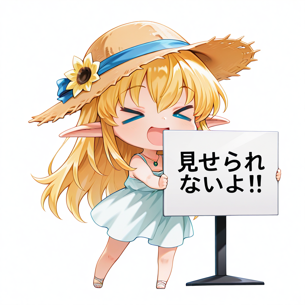 <lora:IL_Collet_Brause_Pastel_Chime:1>,pc_cb,Collet Brause,young,long hair,blonde hair,blue eyes,elf,pointy,ears,sidelocks,sundress,straw hat,hat flower,blue hat ribbon,jewelry,necklace,pendant,<lora:misera:1>,misera,solo,1girl,>_<,chibi,smile,full body,closed eyes,open mouth,holding sign,white sign,sign that says "è¦ããããªããï¼",standing,white background,simple background,(huge monitor:1.3),stand in front of the monitor,, masterpiece,best quality,amazing quality,very aesthetic,absurdres,