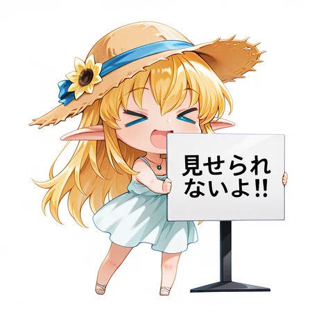 <lora:IL_Collet_Brause_Pastel_Chime:1>,pc_cb,Collet Brause,young,long hair,blonde hair,blue eyes,elf,pointy,ears,sidelocks,sundress,straw hat,hat flower,blue hat ribbon,jewelry,necklace,pendant,<lora:misera:1>,misera,solo,1girl,>_<,chibi,smile,full body,closed eyes,open mouth,holding sign,white sign,sign that says "è¦ããããªããï¼",standing,white background,simple background,(huge monitor:1.3),stand in front of the monitor,, masterpiece,best quality,amazing quality,very aesthetic,absurdres,