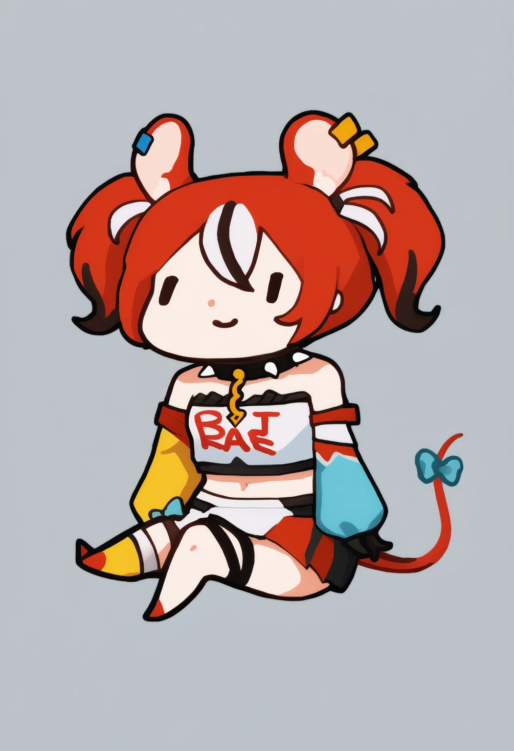 score_9, score_7_up, <break> chibi, flat color, simple background, white background, full body, solo, 1girl, BaelzBase, smile, sitting, twintails, spiked collar, key necklace, bare shoulders, white shirt, clothes writing, asymmetrical sleeves, red and blue sleeve, yellow sleeve, black gloves, midriff, multicolored skirt, thigh strap, mouse tail, tail bow