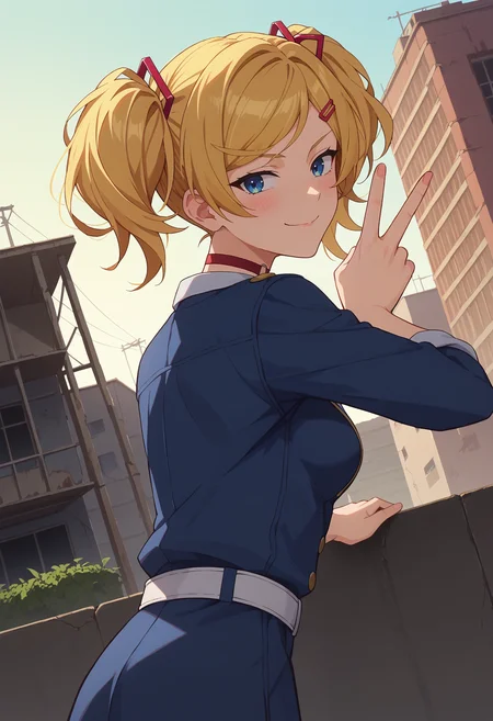 score_9, score_8_up, score_7_up, anime screencap, source_anime, 1girl, solo,
<lora:Rika_Inoue_Seraph_of_the_End_V1:.85>, KJOrika, blonde hair, twintails, blue eyes, swept bangs, hairclip,
collared shirt, jacket, medium sleeves, choker, white belt,
smirk, blush, looking back, leaning forward, peace sign, dutch angle, from behind,
abandoned building, ruined city, rooftop, outdoors,
(Beautiful, medium Breasts:1.2),