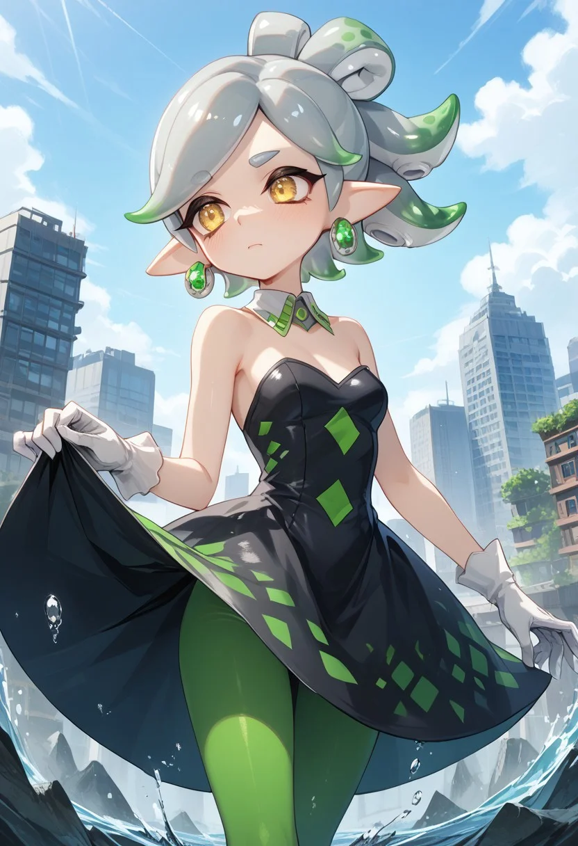 score_9, score_8_up, score_7_up, masterpiece, 4k, high quality, best quality, imtdmariest, 1girl, tentacle hair, pointy ears, mode under eye, + +, yellow eyes, short hair, grey hair, earrings, dress, white gloves, green pantyhose, detached collar, strapless dress, bare shoulders, Focus Marie, on a sky scrapers in a movable platformers cleaning the side of the skyscraper with a  squeegee with water falling off the squeegee and running down the windows her outfit is a bit wet and thus see through,