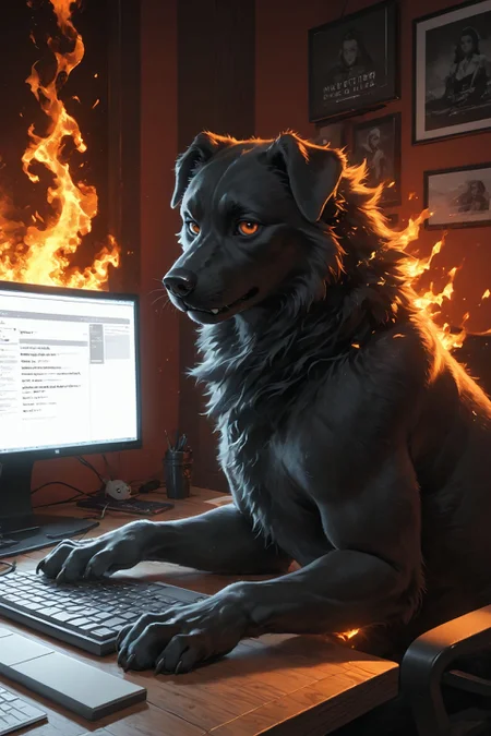 looking at viewer,detailed background,Cinematic Lighting,film grain,score_9,score_8_up,score_7_up,masterpiece,best quality,highly detailed,
<lora:(增强)sdxl_lightning_8step_lora:1>,<lora:glowneon_xl_v1:1>,glowing,<lora:Expressive_H:0.8>,Expressiveh,<lora:MythM4ngaStyle:0.4>,
realistic,computer,(no humans),keyboard (computer),monitor,english text,dog,(fire:1.2),animal,indoors,(burning:1.2),(black and red theme:1.1),(monochrome:1.1),(greyscale:1.1),