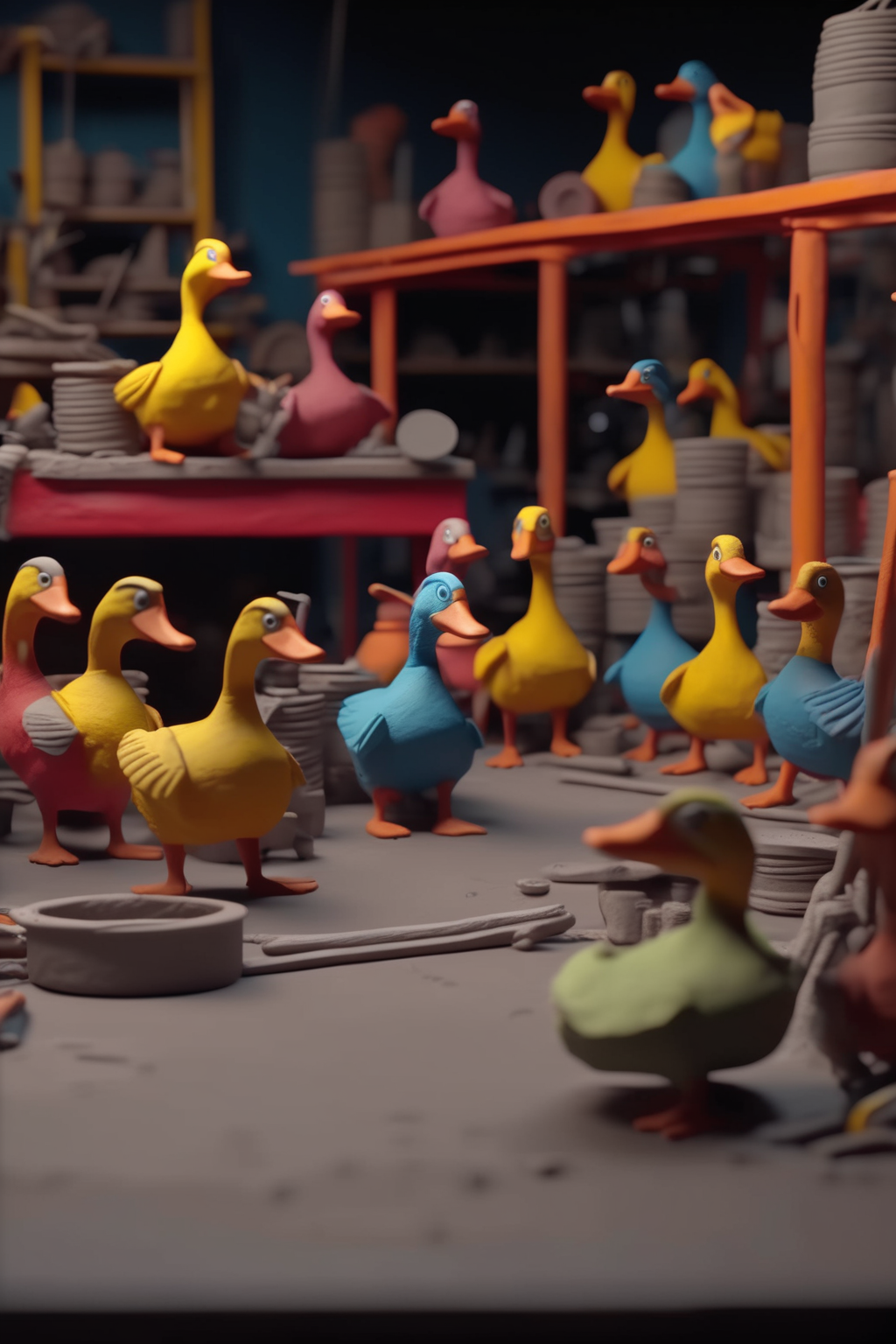 <lora:Stop-Motion Animation:1>Stop-Motion Animation - A detailed 3D clay model of brightly colored geese working as mechanics in an auto shop