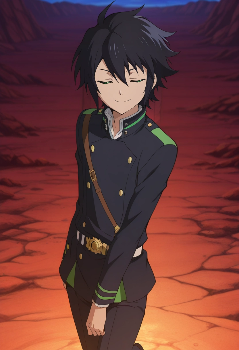 masterpiece, best quality, , anime screencap, , official style, , 1boy, solo, male focus, <lora:yuuichirou_hyakuya_ilxl:0.9>, yuuichirou_hyakuya, black hair, green eyes, short hair, hair between eyes, , , upper body, death valley, noon, standing on one leg, (closed eyes:1.2), smile,