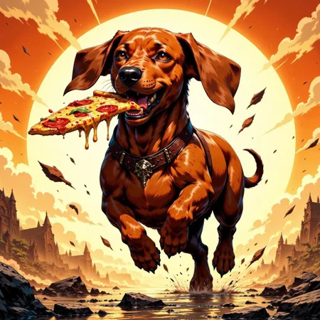 PaintedComic-V5.0, style illustration with Bold, Thick Linework, that features a dachshund running away with a big slice of pizza in his mouth