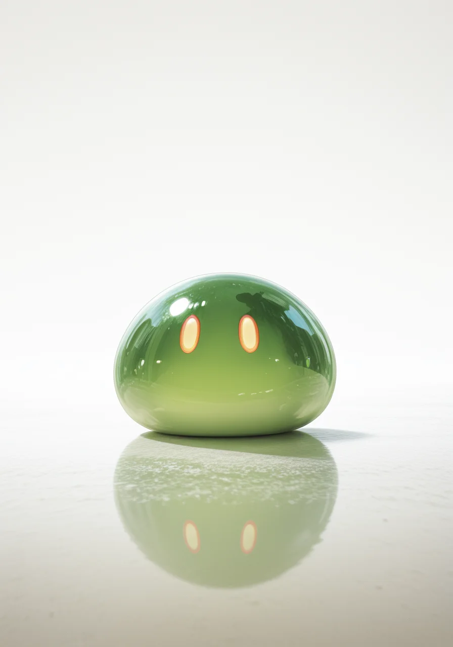 masterpiece, best quality, good quality, (hiro \(dismaless\)), [[baffu]], year 2023, [ningen_mame], (tahra:1.3),
realistic material, perfect slime \(creature\), green slime, slime \(genshin impact\), beautiful quality, light particles, cute face, eyes, kawaii, simple background, white background, reflective surface
, (cgi), photo \(medium\), mazing quality, RTX, cinematic light, best quality, amazing quality, very aesthetic, absurdres