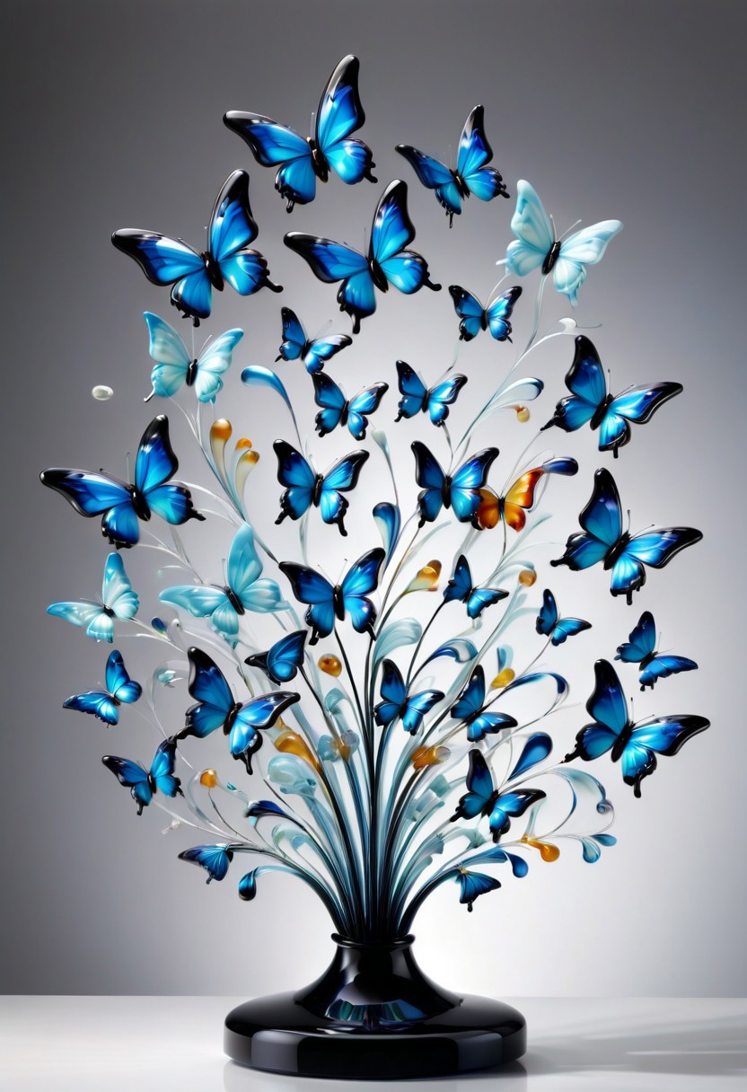 A silhouetted figure releases a swarm of glowing murano_glass_style  butterflies that form a face in the sky, half-painted, half-illustrated, minimalist still life meets theatrical impressionism, vibrant color blocking, dynamic composition, modern design with vintage drama, expressive lighting, structured geometry, soft pastel textures, stylized urban scenes, surreal object arrangements, elegant figures in motion, stage-like settings, crisp contemporary aesthetics, painterly atmosphere, emotional abstraction, clean design infused with narrative flair, visual poetry through shape and gesture