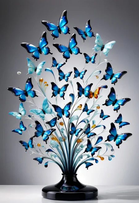 A silhouetted figure releases a swarm of glowing murano_glass_style butterflies that form a face in the sky, half-painted, half-illustrated, minimalist still life meets theatrical impressionism, vibrant color blocking, dynamic composition, modern design with vintage drama, expressive lighting, structured geometry, soft pastel textures, stylized urban scenes, surreal object arrangements, elegant figures in motion, stage-like settings, crisp contemporary aesthetics, painterly atmosphere, emotional abstraction, clean design infused with narrative flair, visual poetry through shape and gesture
