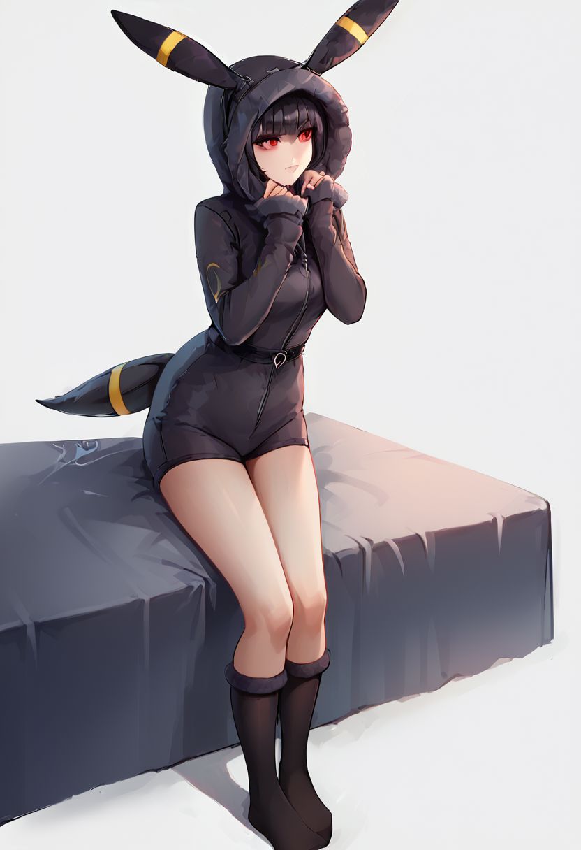 score_9, score_8_up, score_7_up, score_6_up, score_5_up, score_4_up, 1girl,  celestia ludenberg, long hair, bangs, black hair, red eyes, long sleeves, twintails, drill hair, twin drills, curvy, source_anime, ears, hood up, onesie, tail, knee high socks,  umbr30n, <lora:umbr30nXLP:0.6> full body, bedroom background, sitting on bed