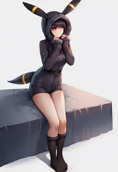 score_9, score_8_up, score_7_up, score_6_up, score_5_up, score_4_up, 1girl, celestia ludenberg, long hair, bangs, black hair, red eyes, long sleeves, twintails, drill hair, twin drills, curvy, source_anime, ears, hood up, onesie, tail, knee high socks, umbr30n, <lora:umbr30nXLP:0.6> full body, bedroom background, sitting on bed