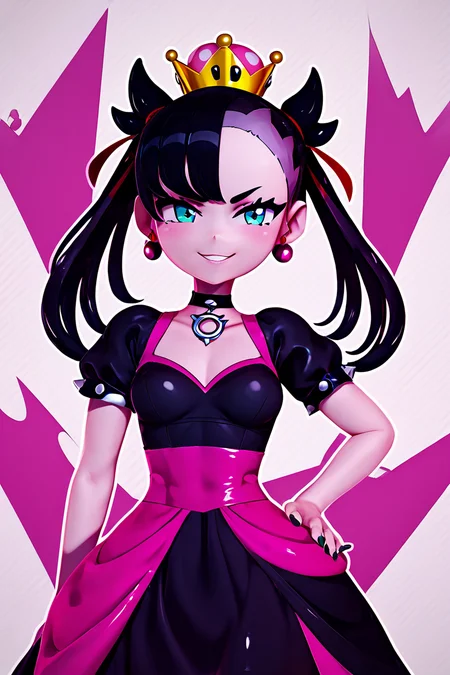 score_9, score_8_up, score_8, medium breasts, (curvy), cute, eyelashes, BREAK, , zzShadowHimeMarnieCitron, super crown, black hair, twintails, asymmetric bangs, crown, black dress, pink gemstone, pink waist bow, bangs, dress, jewelry, short sleeves, earrings, choker, black dress, black choker, wide hips, hand on hip, smile, smug, <lora:ShadowHimeMarnie_CitronOC_PDXL_v2:0.8>, BREAK, smile, looking at viewer, cowboy shot, ,,, embedding:zPDXL, Expressiveh, ,,, <lora:Zy0n7_PDXL:0.8>, <lora:SDXLFaeTastic2400:0.5>, <lora:Expressive_H-000001:0.4>,