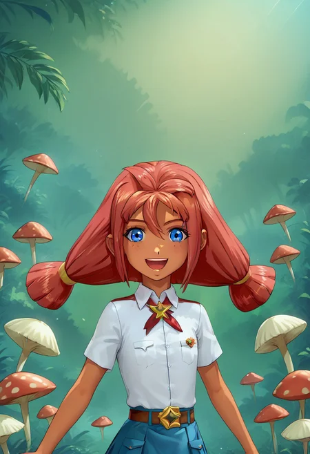 score 9, score 8 up, score 7 up, detailed background, shiny skin, UlyanaF, blue eyes, red hair, white shirt, blue skirt, petite, cheeky smile, flat chest, throwing scorpions at you, laughing
 green forest, florescent cyan colored mushrooms, Amanita muscaria