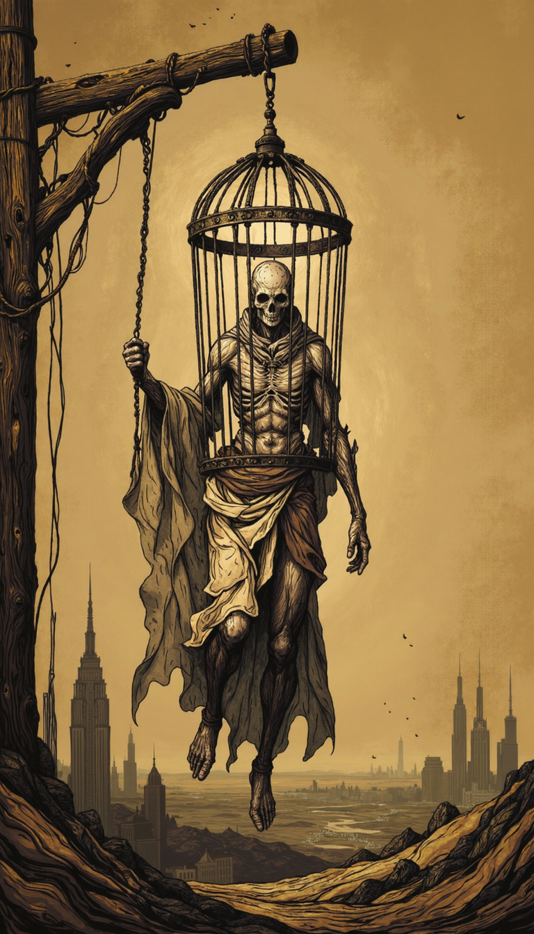 Bioluminescent, A tenebrous sepia-toned illustration, evoking an air of melancholic solitude. A gaunt, spectral figure, draped in tattered cloth, is ensnared within a wrought iron cage suspended precariously from a weathered wooden gibbet. The cage dangles above a desolate, undulating landscape, hinting at an oppressive dystopian reality. The figure's emaciated limbs reach out in a gesture of forlorn longing towards a distant, indistinct cityscape. Employ a low camera angle, amplifying the figure's vulnerability and the imposing nature of the cage. Emphasize the textural contrast between the cage's cold metallic bars and the figure's coarse, cloth-like shroud. The lighting should be stark and unforgiving, casting deep, elongated shadows that accentuate the scene's desolation.