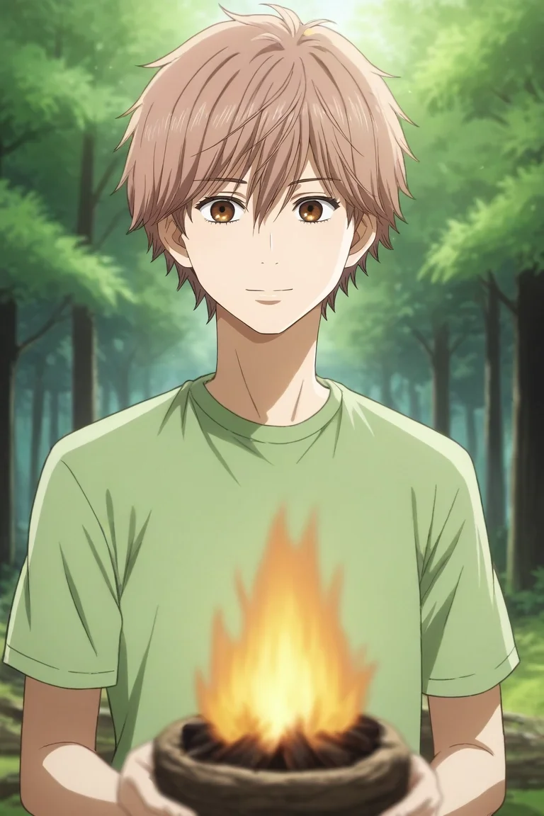 score_9, score_8_up, score_7_up, source_anime, rating_safe, intricate details, (photorealistic:0.6), , depth of field, 1boy, solo, male focus, <lora:taichi_mashima_pony:0.88>, taichi_mashima, brown hair, brown eyes, short hair, bangs, hair between eyes, symmetry, cabin, forest, campfire, dark, holding object, light smile, , <lora:sdxl_lightning_8step_lora:1>