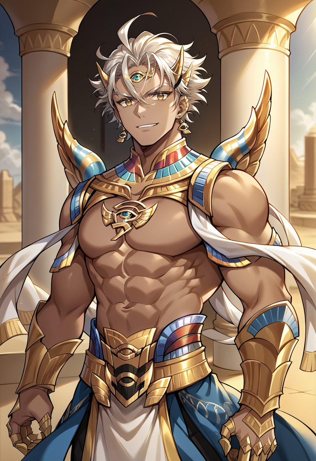 score_9, score_8_up, score_7_up, source_anime, <lora:cainkr-ponyxl-beta2-07:1.0>, cainkr, 1boy, solo, male focus, upper body, smirk, looking at viewer, circlet, gold, armlet, fake horns, fake wings, topless male, egyptian clothes, indoors, desert, palace, middle eastern architecture, waist cape, belt, white ribbon, claw ring, earrings, jewelery, hair ornament, no nipples,