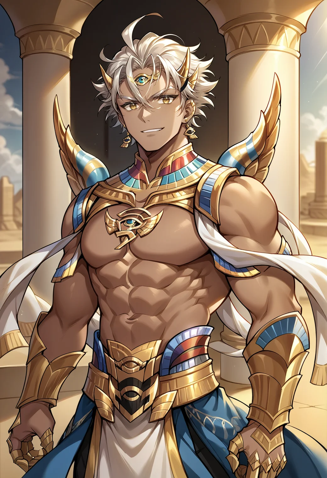 score_9, score_8_up, score_7_up, source_anime, <lora:cainkr-ponyxl-beta2-07:1.0>, cainkr, 1boy, solo, male focus, upper body, smirk, looking at viewer, circlet, gold, armlet, fake horns, fake wings, topless male, egyptian clothes, indoors, desert, palace, middle eastern architecture, waist cape, belt, white ribbon, claw ring, earrings, jewelery, hair ornament, no nipples,