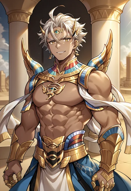 score_9, score_8_up, score_7_up, source_anime, <lora:cainkr-ponyxl-beta2-07:1.0>, cainkr, 1boy, solo, male focus, upper body, smirk, looking at viewer, circlet, gold, armlet, fake horns, fake wings, topless male, egyptian clothes, indoors, desert, palace, middle eastern architecture, waist cape, belt, white ribbon, claw ring, earrings, jewelery, hair ornament, no nipples,