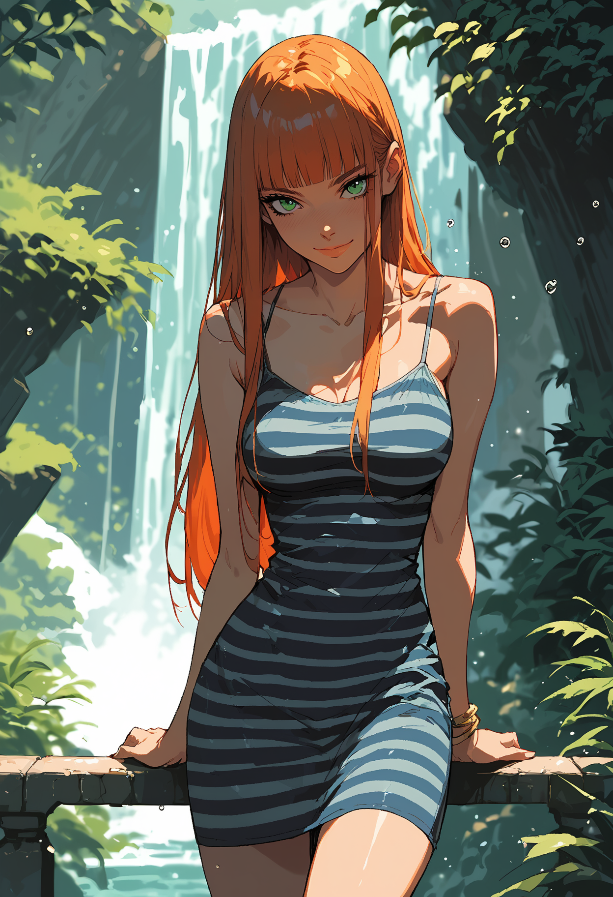 score_9, score_8_up, score_7_up,source_anime,1girl,solo,ginger hair,long hair,straight hair,blunt bangs,green eyes,perfecteyes,eyebrows,hair behind ear,busty,perky breasts,tank dress,striped dress,spaghetti straps,bare shoulders,sleeveless,bracelet,waterfall,vegetation,bridge,standing on bridge,waterfall behind her,water droplets,looking at viewer,facing viewer,leaning back,sinozick,flat colors,closed mouth,smile
