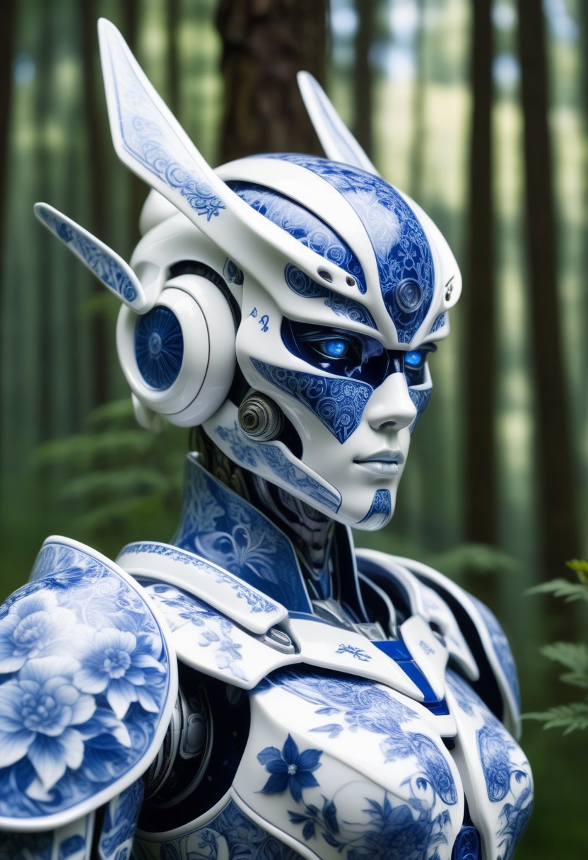 porcelain cyborg mecha in Bluepatternporcelain, detailed calligraphy ornament, 
mountain forest meadow background,
cinematic, ultra realistic, film grain, professional photoshoot,