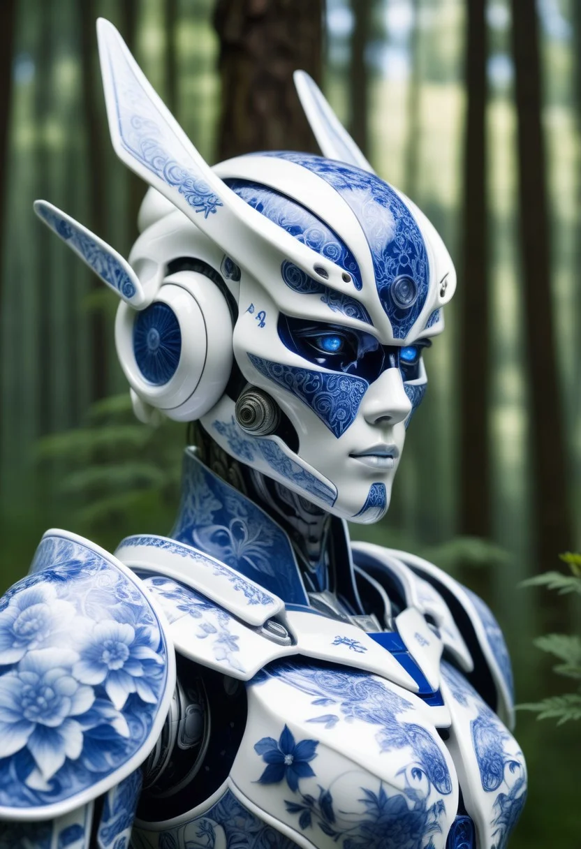 porcelain cyborg mecha in Bluepatternporcelain, detailed calligraphy ornament,
mountain forest meadow background,
cinematic, ultra realistic, film grain, professional photoshoot,