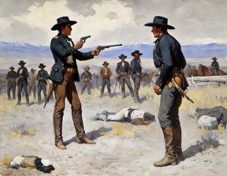 a Remington painting of a US Marshal confronting a wanted man in outpost in Montana in 1867   <lora:FRemington-000001:1>