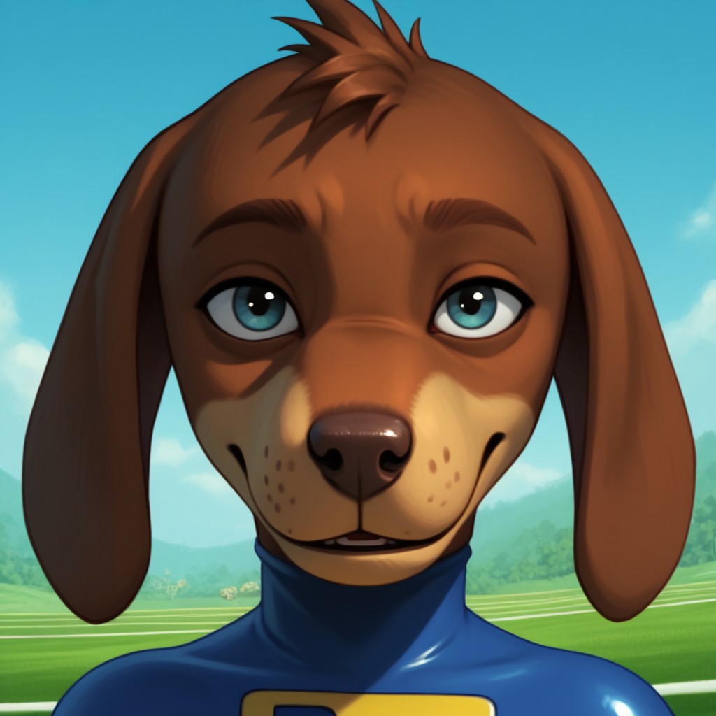 score_9, score_8_up, score_7_up, score_6_up, score_5_up, score_4_up, source_furry
anthro, ((1boy, solo)), brown fur, dog, long floppy ears, dachshund, strut, bodysuit, slim body
BREAK
detailed background, raceway pitstop scenery, (((bust portrait)))