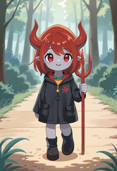 score_9, score_8_up, score_7_up, BREAK
highres, highly detailed, high resolution, high quality,
source_anime, anime screencap, saturation, vivid colors,
1girl, solo, luce, full body, standing, demon girl,
(dark red hair:1.2), (big dark red eyes:1.1), medium hair, cute, (grey skin:1.1), (horns:1.2),
(long black raincoat:1.1), black rubber boots,
pentagram necklace, holding red trident,
pikaole, cute, bokeh,
blurry background, forest background, path