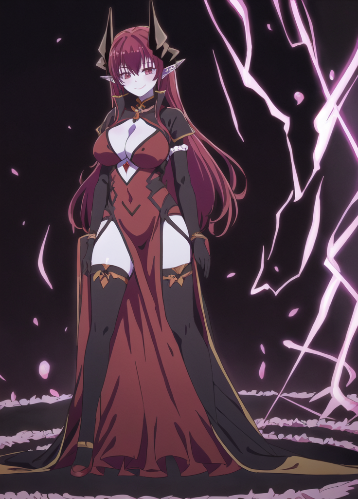 Desastre, 1girl, black background, black gloves, black sclera, blue skin, blush, breasts, center opening, cleavage, colored sclera, colored skin, demon girl, demon horns, dress, elbow gloves, full body, gloves, horns, jewelry, large breasts, long hair, looking at viewer, navel, pointy ears, purple skin, red dress, red hair, side slit, simple background, smile, solo, standing, thighhighs, <lora:Another_World_for_a_Second_Time-Desastre:0.8>, <lora:Masterpiace:0.8>, ((Strike a pose, Dynamic Pose, Happy,))