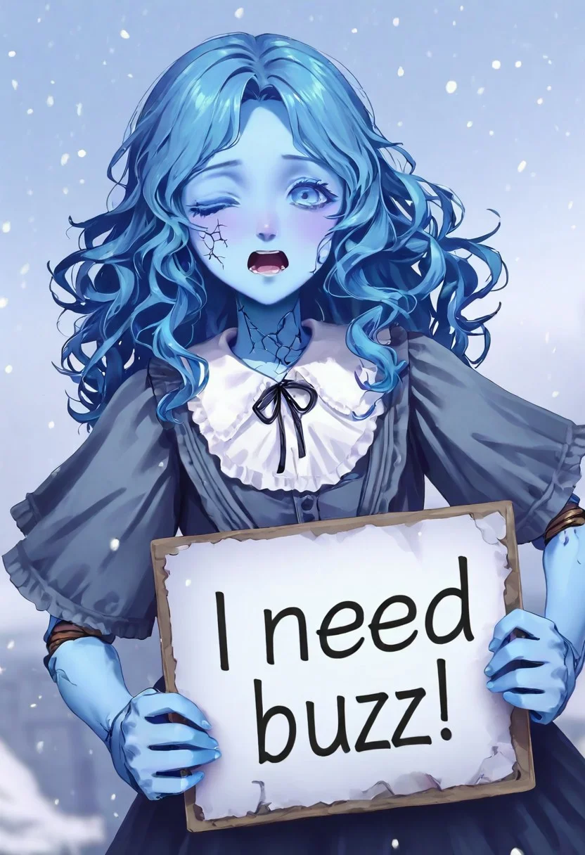 RnnDef, blue eyes, one eye closed, blue hair, wavy hair, (4 arms:1.2), extra faces, ghost face, blue skin, colored skin, cracked skin, doll joints, small, ruins, snow, fear, marionette strings,
need_buzz, (holding sign that says "Buzz or Jar")