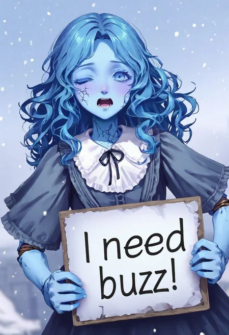 RnnDef, blue eyes, one eye closed, blue hair, wavy hair, (4 arms:1.2), extra faces, ghost face, blue skin, colored skin, cracked skin, doll joints, small, ruins, snow, fear, marionette strings,
need_buzz, (holding sign that says "Buzz or Jar")