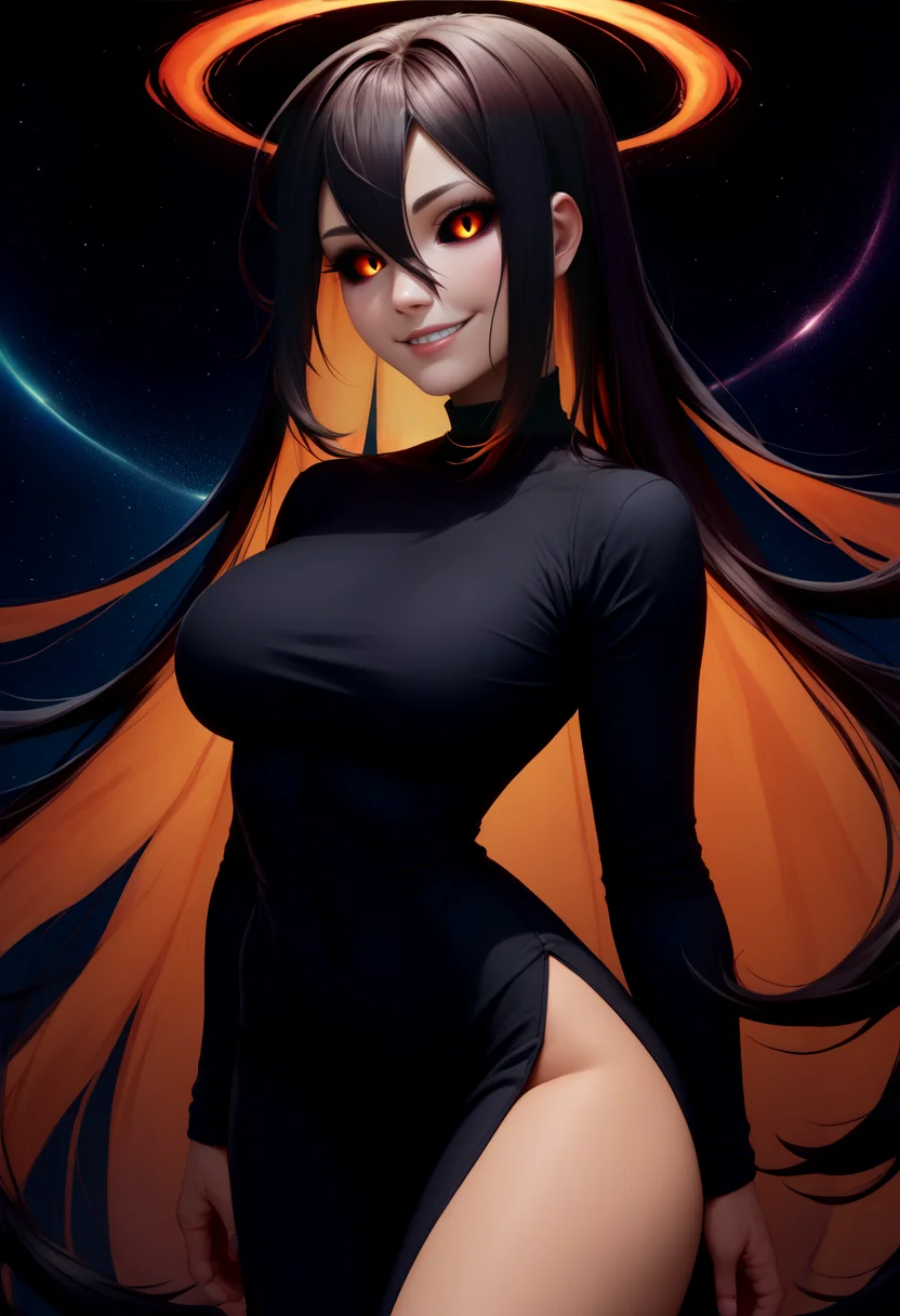 score_9, score_8_up, score_7_up, solo, 1girl, blackhole-chan, smile, looking at viewer, standing, colored sclera, black dress, side slit, long sleeves, large breasts, outer space <lora:gijinkaseries_blackhole_ponyXL:1>