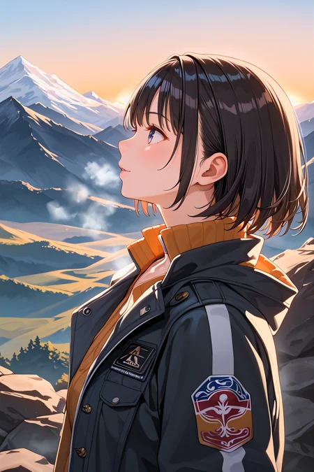 score_9, best quality,
1girl,mountain,steam,jacket,from side,upper body,sunrise,lookup