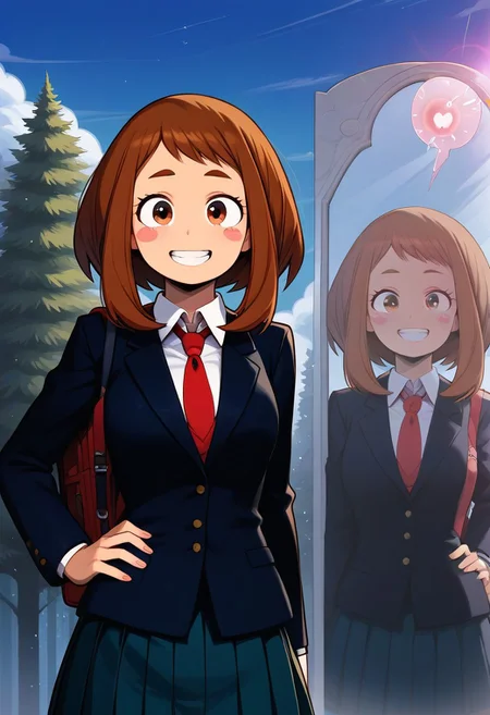 uraraka ochako, 1girl, u.a._school_uniform, school_uniform, solo, necktie, blush_stickers, skirt, open_mouth, looking_at_viewer, smile, red_necktie, pleated_skirt, jacket, sky, bag, day, cloud, backpack, blazer, :d, long_sleeves, teeth, shirt, grey_jacket, blue_sky, tree, collared_shirt, outdoors, white_shirt, blushs<lora:uraraka_ochako:1>, hand on hips,mirror, xray,sensing fertilization, orgasm,