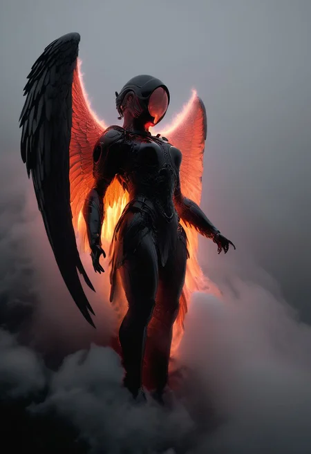 Dark luminous translucent Wings, Above the Clouds Loosing feathers, floating feathers, subsurface scattering, Capture the dystopian spectacle of female Icarus ascending too close to the sun, seen from below. Witness her wings, illuminated by the piercing light of a Blood moon, shedding feathers as they struggle against the inevitable descent. 
subsurface scattering, Angel Icarus LiS_Robot By tim burton with Large vanta black spreaded  Wings, large hooded Cape, liminal space cloud, Neon translucent Soundwaves visible on the face,
atmospheric haze, Film grain, cinematic film still, shallow depth of field, highly detailed, high budget, cinemascope, moody, epic, OverallDetail, 2000s vintage RAW photo, photorealistic, candid camera, color graded cinematic, atmospheric lighting, imperfections, natural, shallow dof