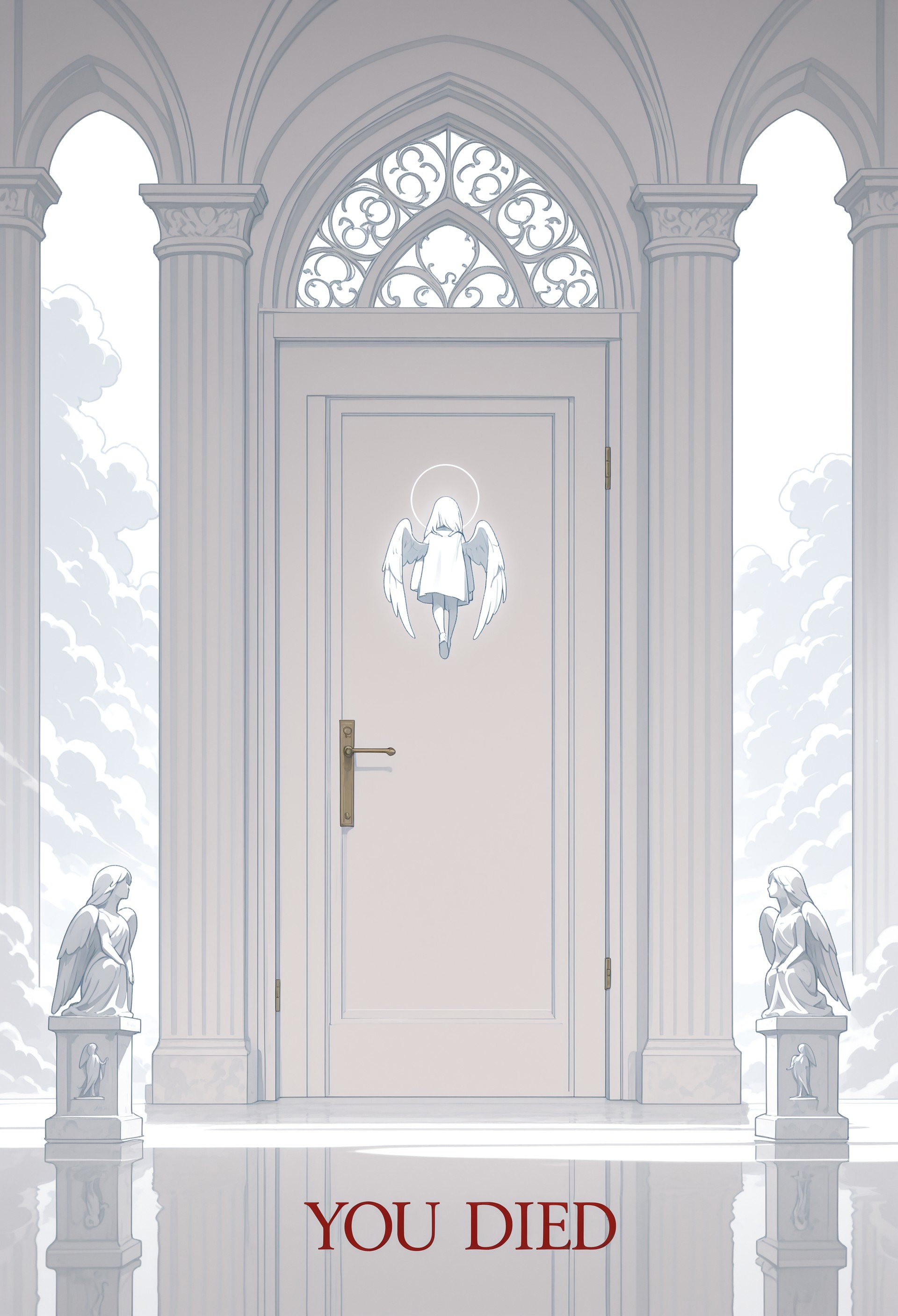masterpiece, best quality, amazing quality, very aesthetic, incredibly absurdres, newest, highres, absurdres, volumetric lighting, scenery, no humans, heaven, heaven's gate, door, you died, text on door, clouds, ethereal, pillars, angel \(statues\), serene, dreamy, blending, white theme,fine art,straight on,llv2-illu
