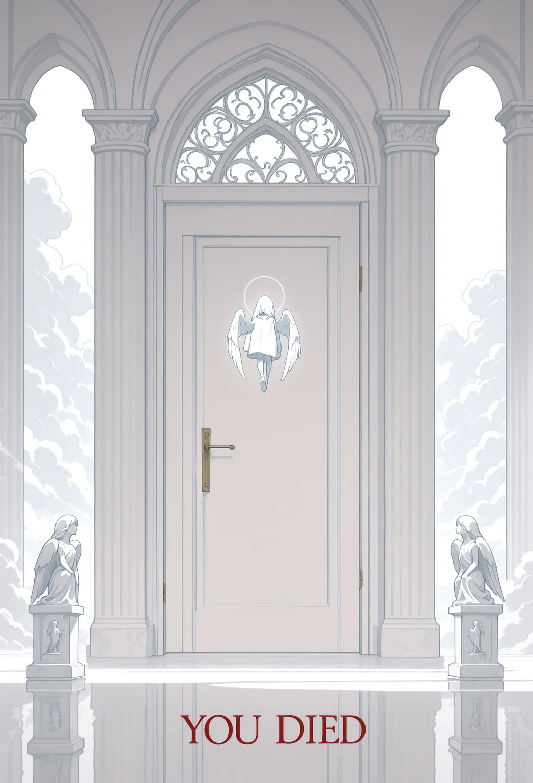masterpiece, best quality, amazing quality, very aesthetic, incredibly absurdres, newest, highres, absurdres, volumetric lighting, scenery, no humans, heaven, heaven's gate, door, you died, text on door, clouds, ethereal, pillars, angel \(statues\), serene, dreamy, blending, white theme,fine art,straight on,llv2-illu