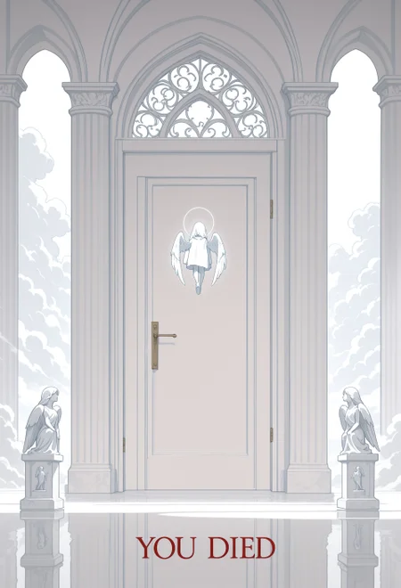 masterpiece, best quality, amazing quality, very aesthetic, incredibly absurdres, newest, highres, absurdres, volumetric lighting, scenery, no humans, heaven, heaven's gate, door, you died, text on door, clouds, ethereal, pillars, angel \(statues\), serene, dreamy, blending, white theme,fine art,straight on,llv2-illu