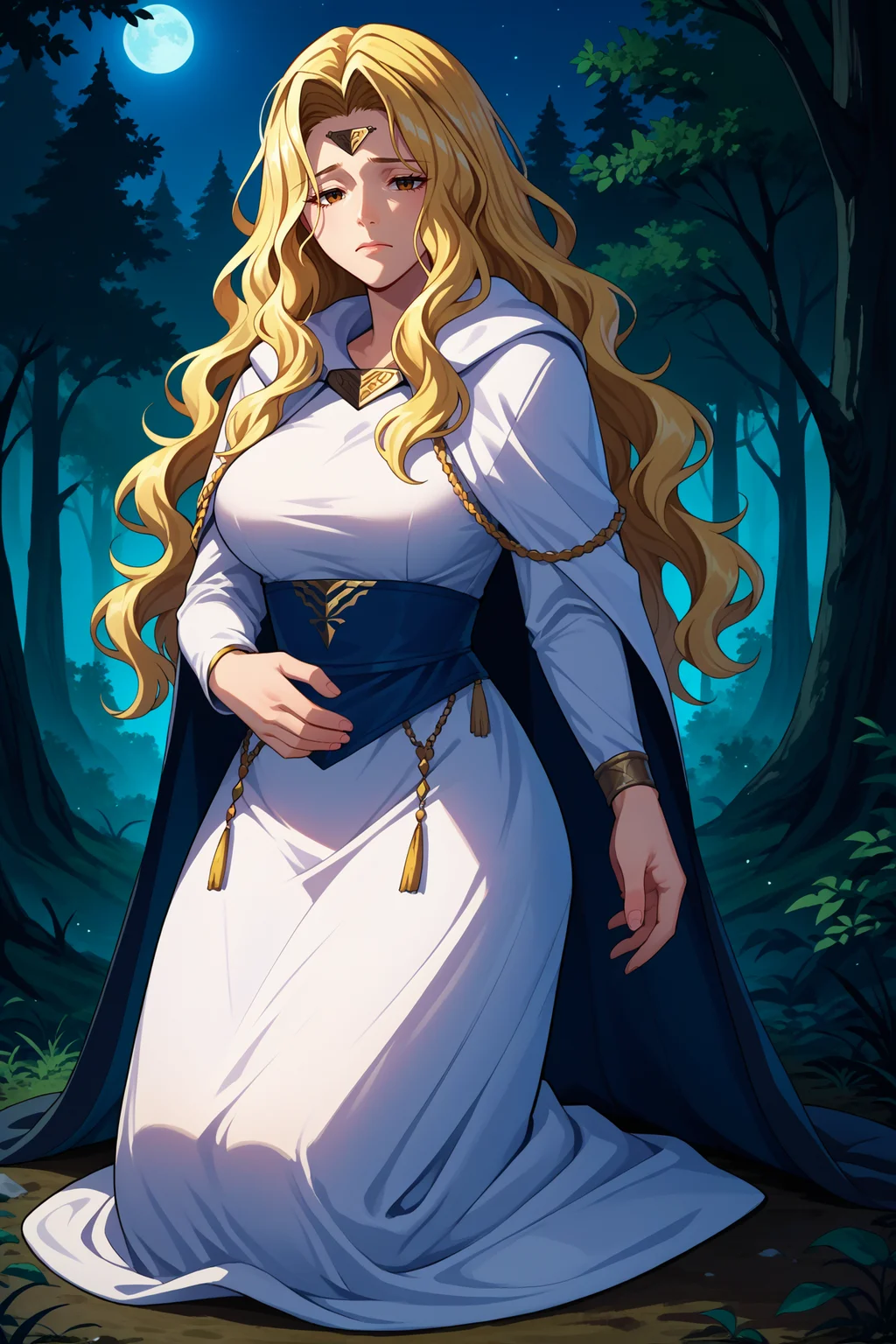 score_9, score_8_up, score_7_up, score_6_up, source_anime, 1girl, solo, <lora:feedain-pdxl-nvwls-v1-000005:1> fe4edn, blonde hair, wavy hair, long hair, brown eyes, circlet, white dress, long sleeves, cape, big breasts, looking at you, kneeling, night, forest, closed eyes, sad