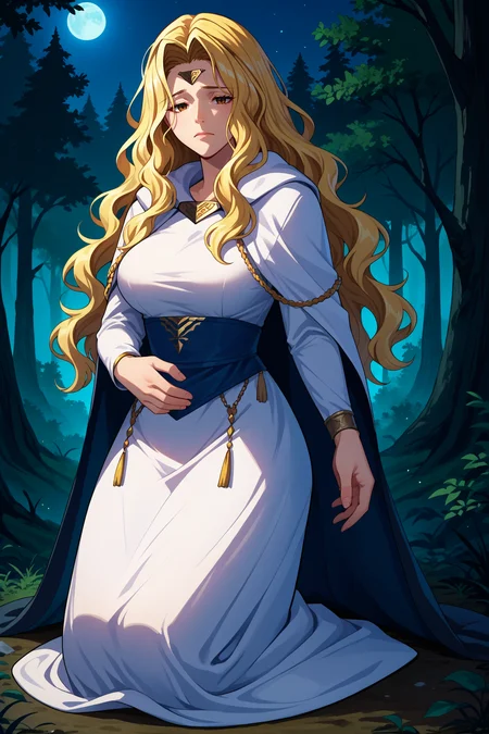 score_9, score_8_up, score_7_up, score_6_up, source_anime, 1girl, solo, <lora:feedain-pdxl-nvwls-v1-000005:1> fe4edn, blonde hair, wavy hair, long hair, brown eyes, circlet, white dress, long sleeves, cape, big breasts, looking at you, kneeling, night, forest, closed eyes, sad