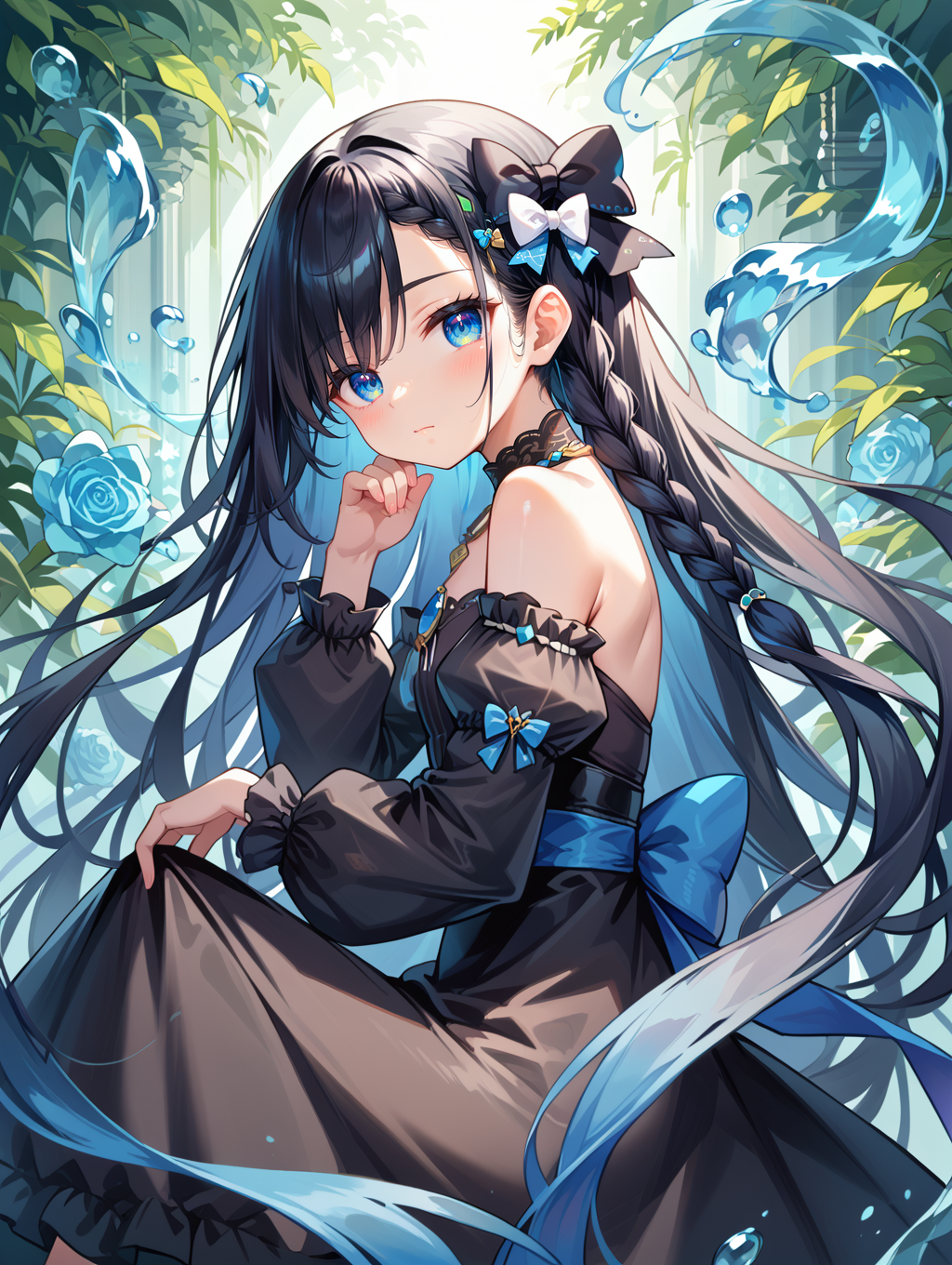 score_9, score_8_up, score_7_up,source_anime, <lora:style010:0.5>
1girl, bare shoulders, black dress, black hair, blue eyes, bow, braid, braided bangs, closed mouth, dress, feet out of frame, from side, hair bow, jewelry, light blush, long hair, long sleeves, looking at viewer, necklace, puffy long sleeves, puffy sleeves, sidelocks, solo, very long hair,